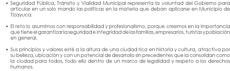 Seguridad Pública, Tránsito y Vialidad Municipal representa la voluntad del Gobierno para articular en un solo mando las políticas en la materia que deban aplicarse en Municipio de Tizayuca. El reto lo asumimos con responsabilidad y profesionalismo, porque creemos en la importancia que tiene el garantizar la seguridad e integridad de las familias, empresarios, turistas y población en general. Sus principios y valores esté a la altura de una ciudad rica en historia y cultura, atractiva por su belleza, ubicación y con un potencial de desarrollo sin precedentes que la consolidan como la ciudad para todos, todo ello dentro de un marco de legalidad y respeto a los derechos humanos.